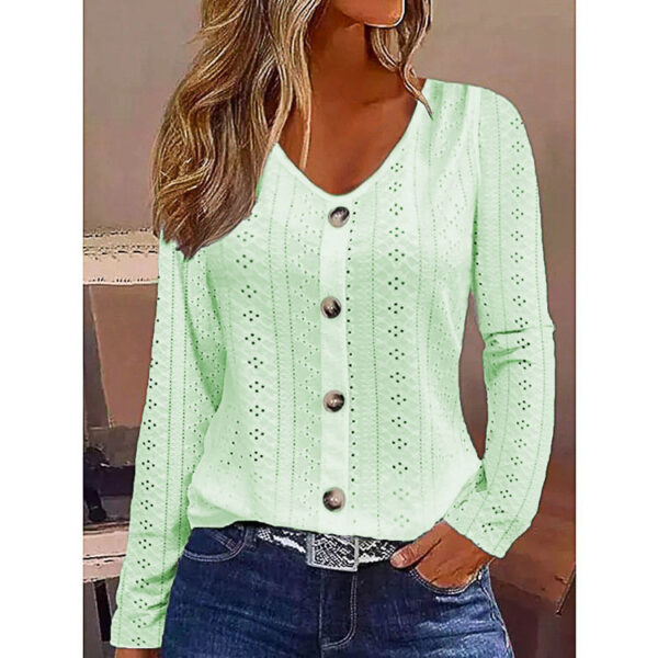 Women's Solid Color Jacquard V-neck Buttons Long-sleeved Top - Image 6