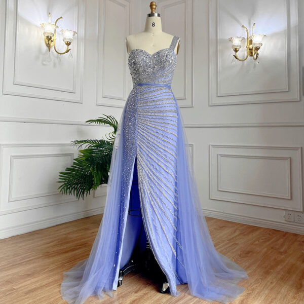 Blue Handmade Beaded Split Shoulder Fishtail Dress - Image 3