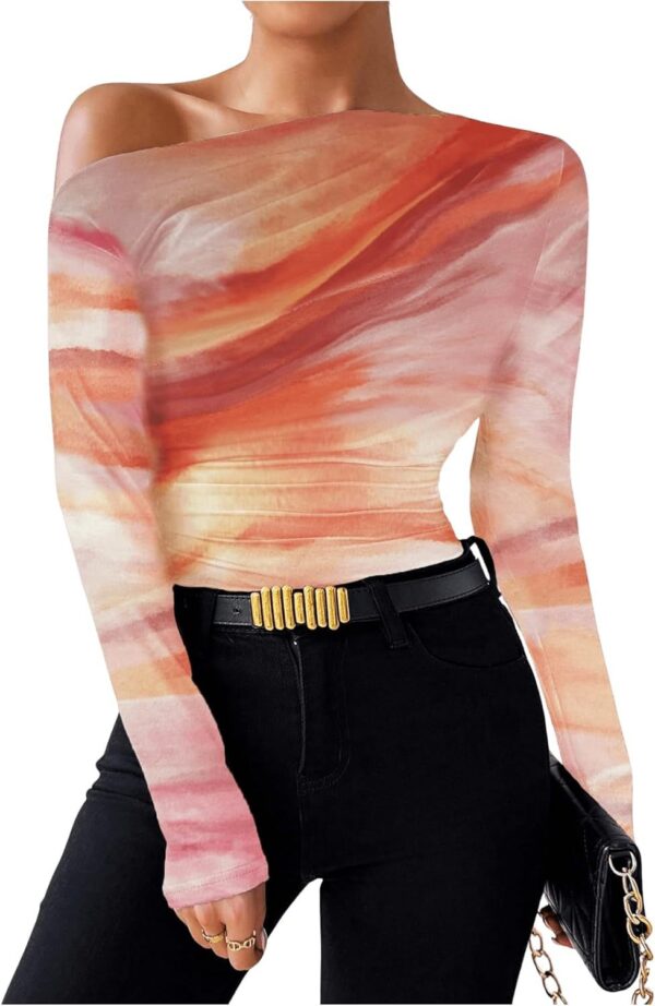 New Fashion Tie-dye Printed Asymmetric Ruffled Long-sleeved T-shirt - Image 9