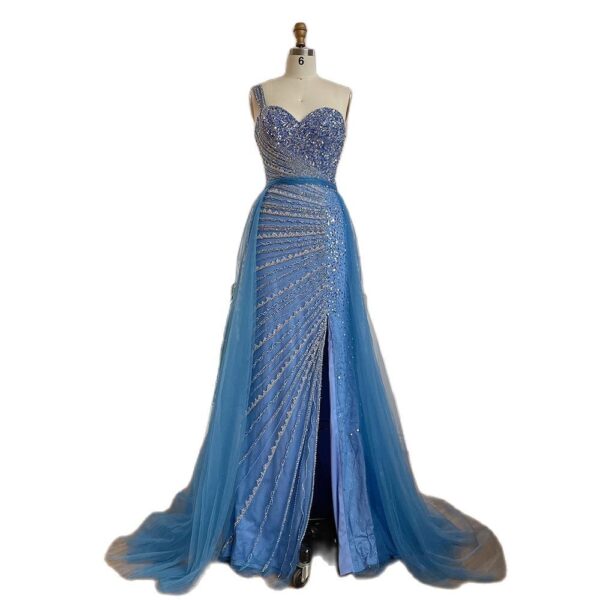 Blue Handmade Beaded Split Shoulder Fishtail Dress - Image 2