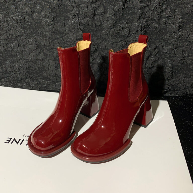 Round End Chimney Boots With Thick Heels And Patent Leather Short Boots - Image 7