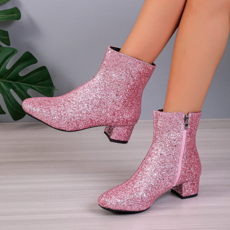 Outfit Sequin Chunky Heel Soft Bottom Women's Side Zipper Boots - Image 2