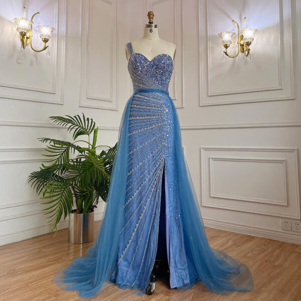 Blue Handmade Beaded Split Shoulder Fishtail Dress - Image 7