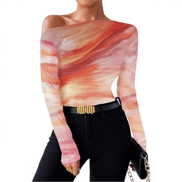 New Fashion Tie-dye Printed Asymmetric Ruffled Long-sleeved T-shirt - Image 3