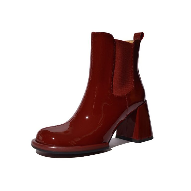 Round End Chimney Boots With Thick Heels And Patent Leather Short Boots - Image 3