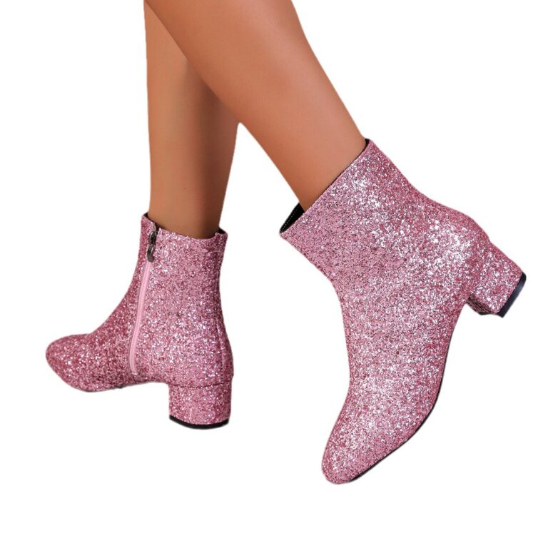 Outfit Sequin Chunky Heel Soft Bottom Women's Side Zipper Boots - Image 3