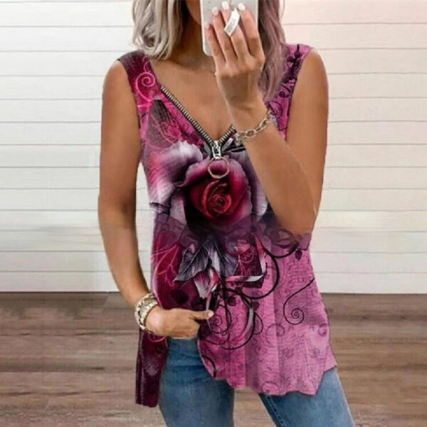 Summer New Fashion Women's V-neck Zipper Rose Print Casual Vest - Image 4