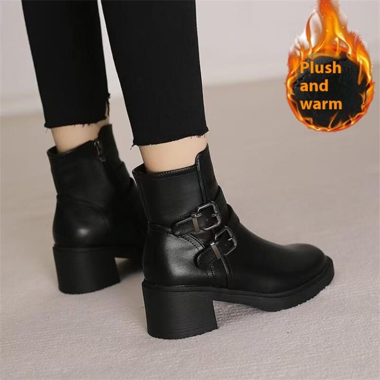 Black Belt Buckle Round Toe Mid Heel Short Boots For Women - Image 6