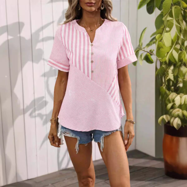 Summer V-neck Short-sleeved Shirt Blouse Fashion V-neck Asymmetric Stripes Patchwork Design Top Womens Clothing - Image 7