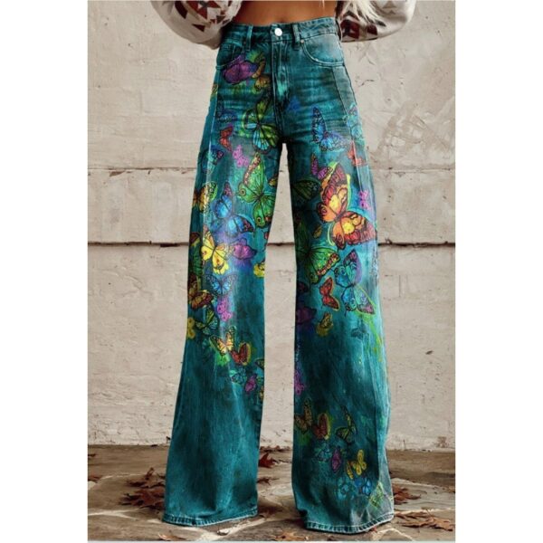 Fashion Women's Printed High Waist Loose Thin Imitation Denim Wide Leg Pants - Image 9