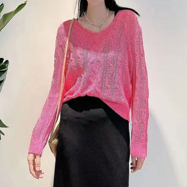 Crocheted Hollow Out V-neck Jacquard Micro-transparent Long-sleeved Sweater - Image 2