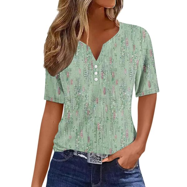 Women's Floral Printed V-neck Short Sleeve Button T-shirt - Image 9