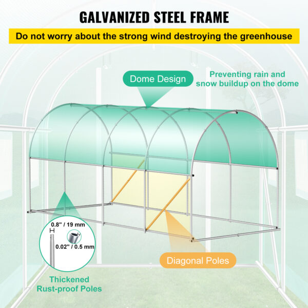 VEVOR Walk-in Tunnel Greenhouse, 15 X 7 X 7 Ft Portable Plant Hot House W Galvanized Steel Hoops, 1 Top Beam, Diagonal Poles, Zippered Door & 8 Roll-up Windows, Green - Image 6