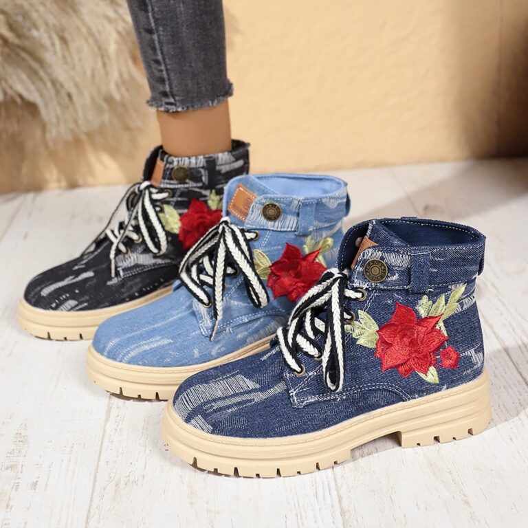 Lace-up Canvas Boots Fashion Rose Embroidered Shoes Round Toe Thick Heel Short Boot Women - Image 4