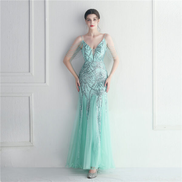 Mesh Beaded Bridal Wedding Dinner Long Camisole Evening Gown - Image 7