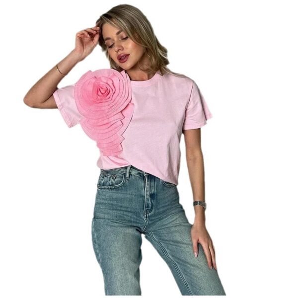 Women's T-shirt Elegant Round Neck 3D Flower - Image 6