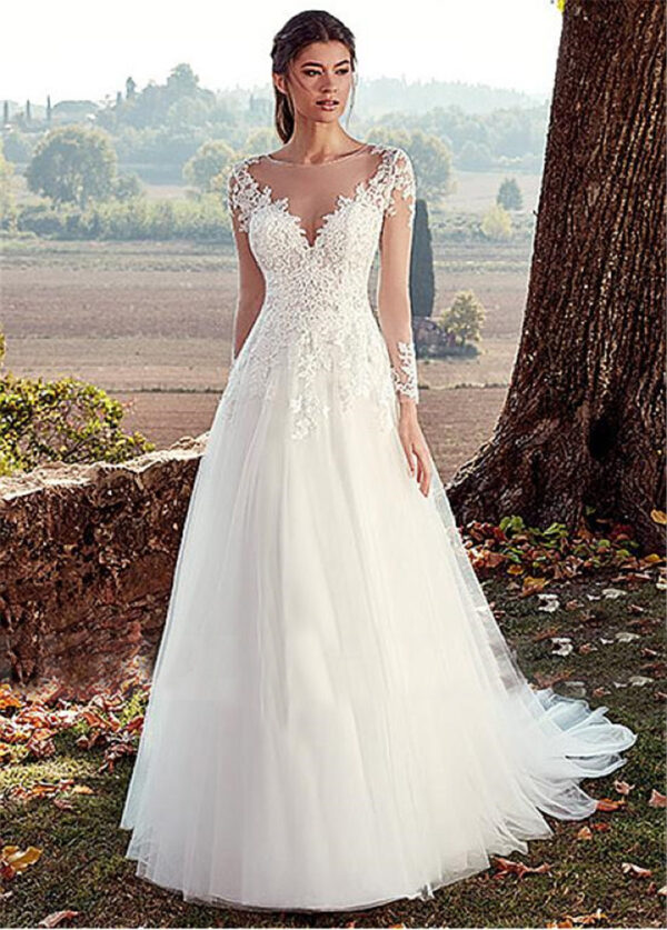 High U-neck Lace Long Sleeve A- Line Long Tail Simple Wedding Dress - Image 7