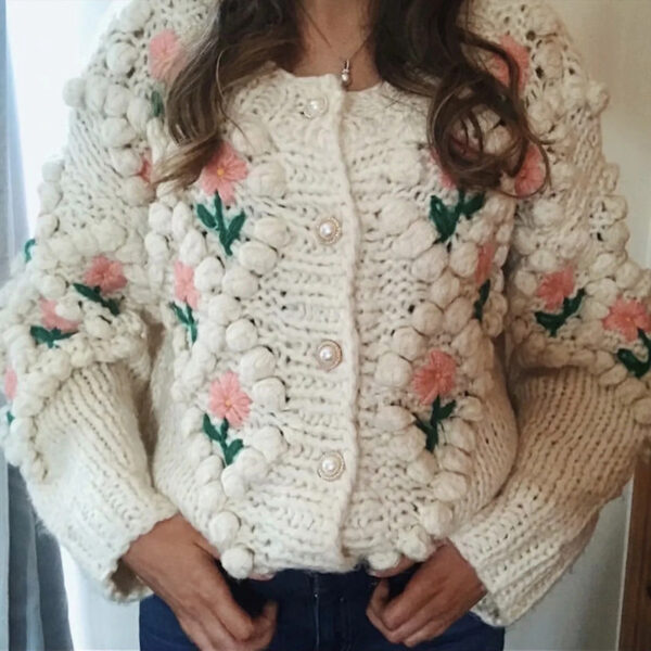 Handmade Crocheted Embroidery Twist Pearl Buckle Knitted Sweater Cardigan Coat - Image 3