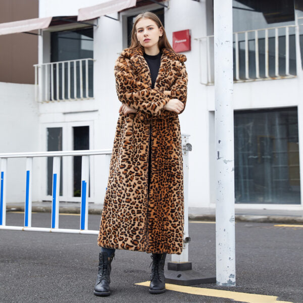 Faux Fur Leopard Print Rabbit Fur Super Long Suit Collar Fur Coat - Image 5