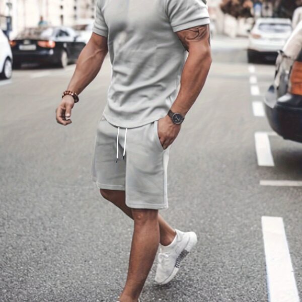 Men's Outfit, Solid Casual Crew Neck Short Sleeve T-Shirt & Drawstring Shorts 2-piece Set For Summer Outdoor Activities - Image 6