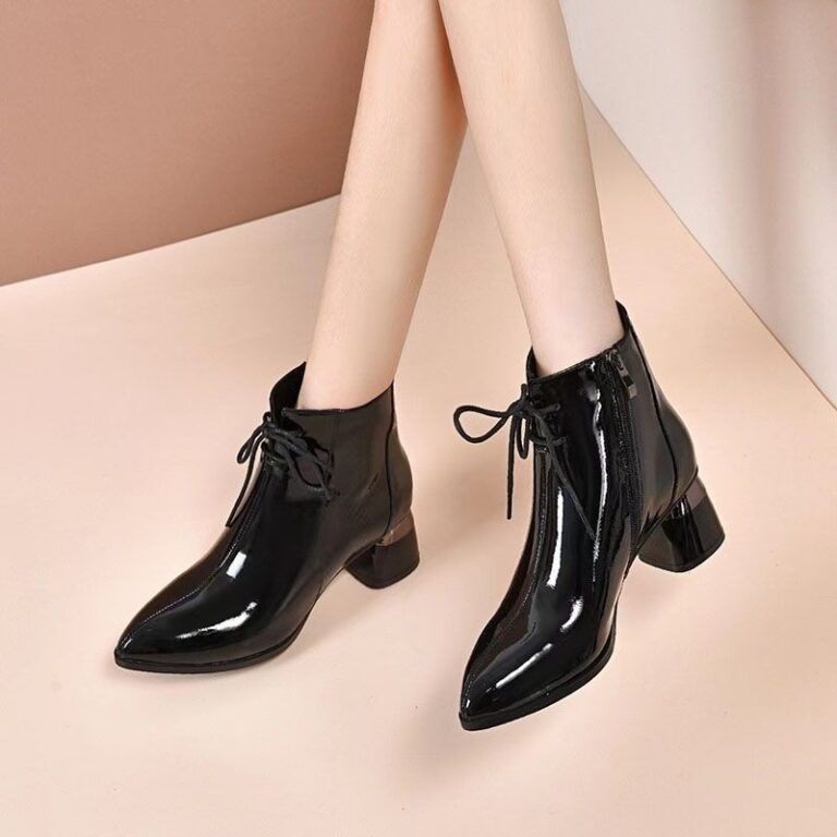 Chunky Heel Pointed Toe Mid Heel Elegant Martin Boots Patent Leather Women - Image 5