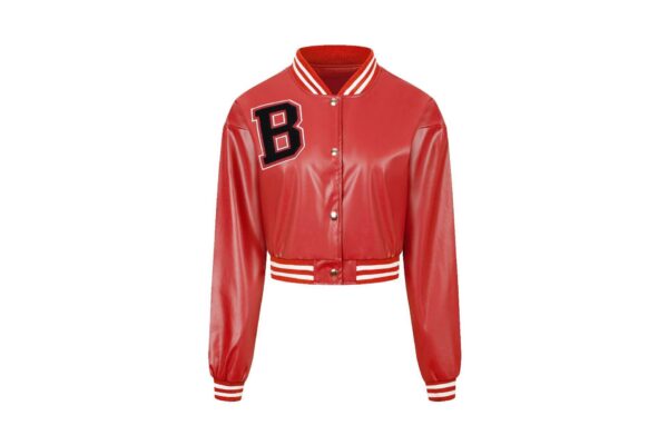 Women's Color Matching Thread Leather Baseball Uniform Coat Top - Image 6