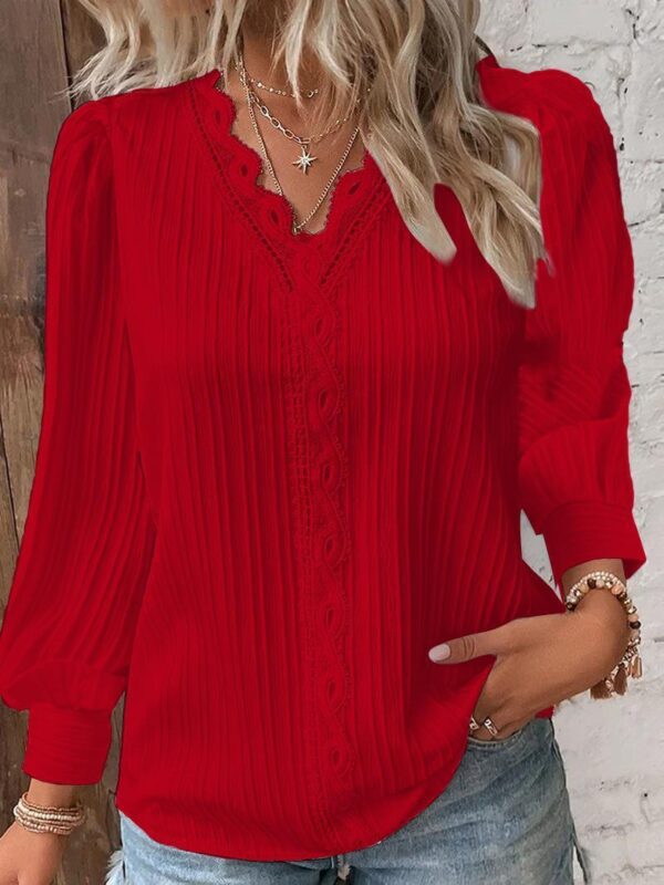 Long Sleeve V-neck Lace Patchwork Shirt - Image 2