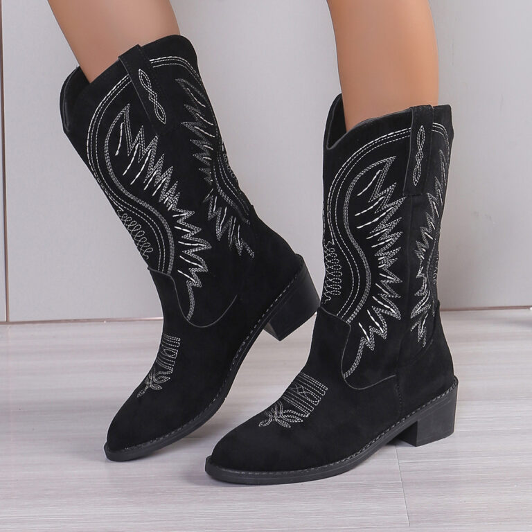 Autumn Embroidery Chunky Heel Below The Knee Pointed Toe Long Boots Women - Image 3