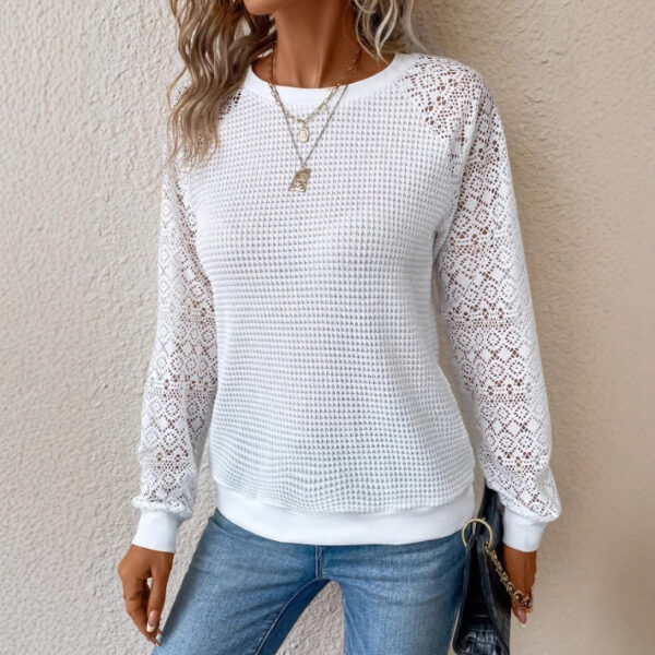 European And American New Pure Color Lace Long Sleeve Hollowed Leisure Women's T-shirt Tops - Image 3