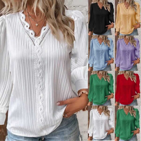 Long Sleeve V-neck Lace Patchwork Shirt