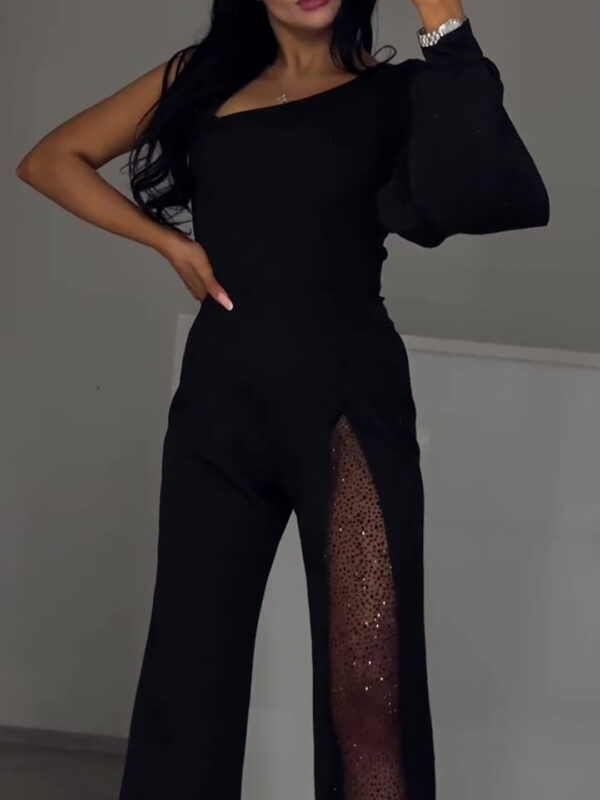 Single Sleeve Patchwork Mesh Jumpsuit - Image 3