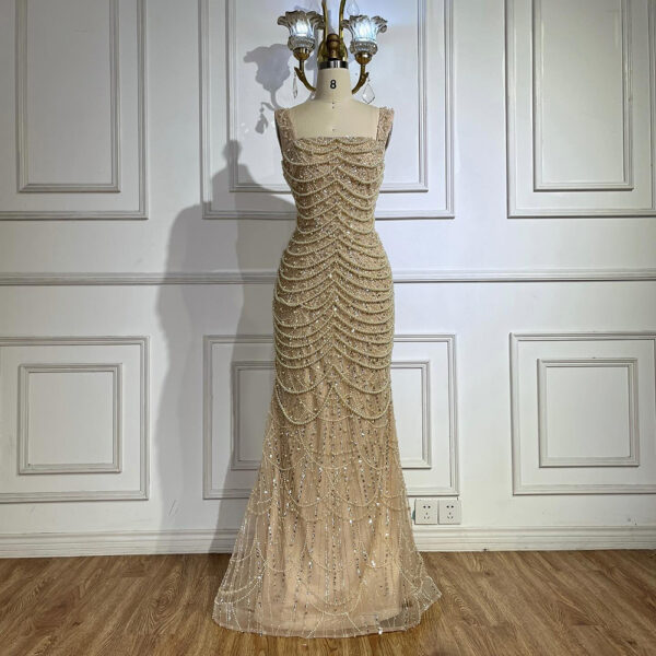 Nude Elegant Sling Light Luxury High-end Pearl Beaded Dress - Image 4