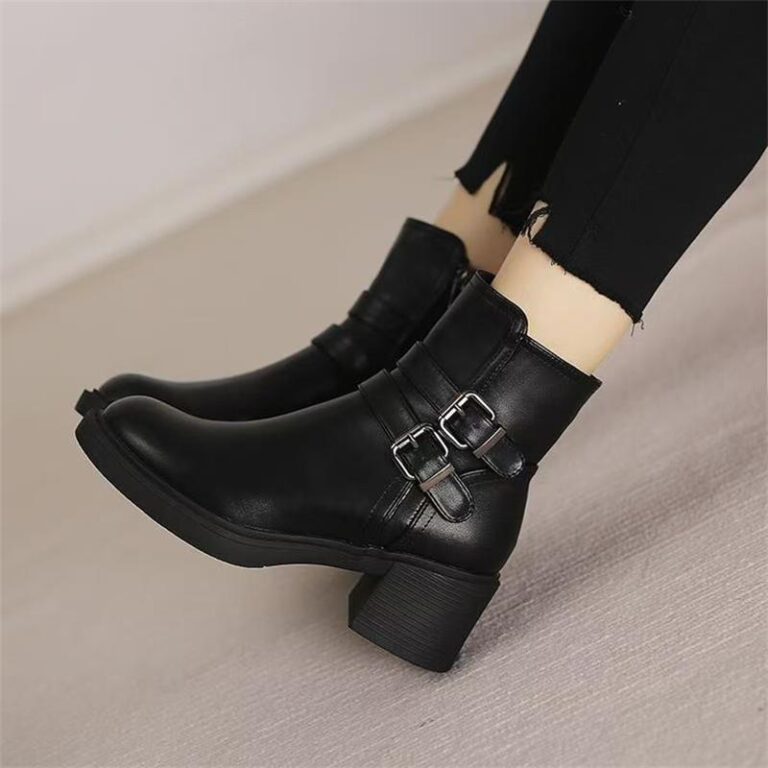 Black Belt Buckle Round Toe Mid Heel Short Boots For Women - Image 3