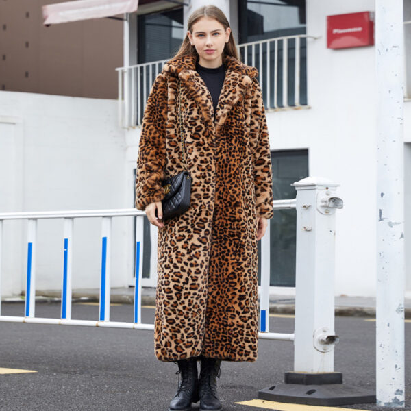 Faux Fur Leopard Print Rabbit Fur Super Long Suit Collar Fur Coat - Image 4