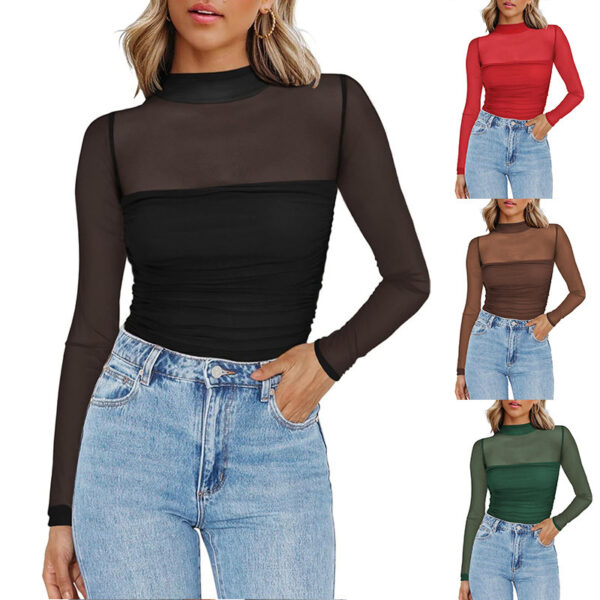 Round Neck Mesh Stitching Sheer Long Sleeve - Image 3