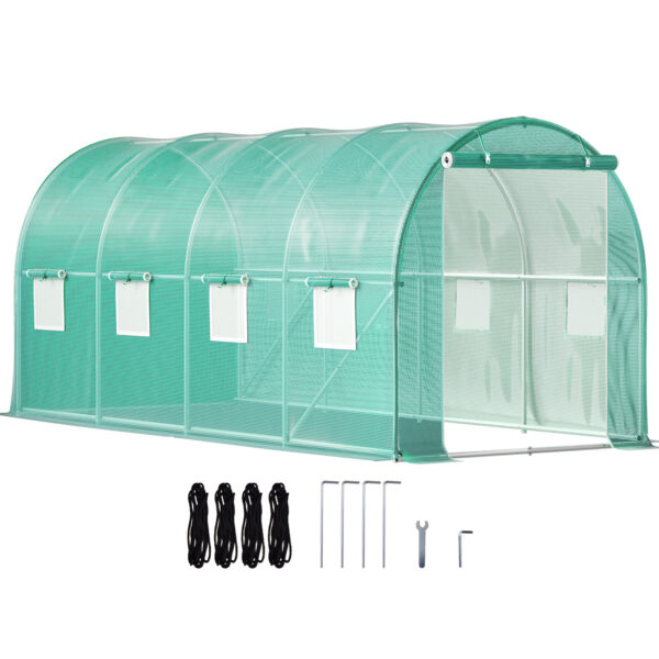 VEVOR Walk-in Tunnel Greenhouse, 15 X 7 X 7 Ft Portable Plant Hot House W Galvanized Steel Hoops, 1 Top Beam, Diagonal Poles, Zippered Door & 8 Roll-up Windows, Green - Image 3