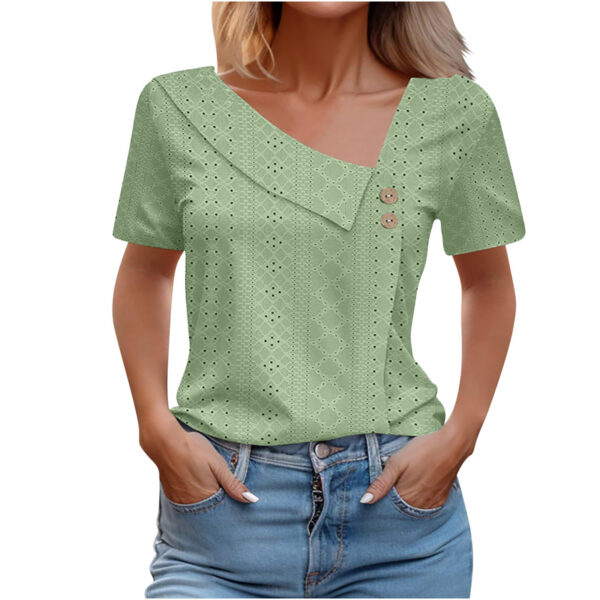 Summer V-neck Button Solid Color Loose Women's Short Sleeved T-shirts - Image 4