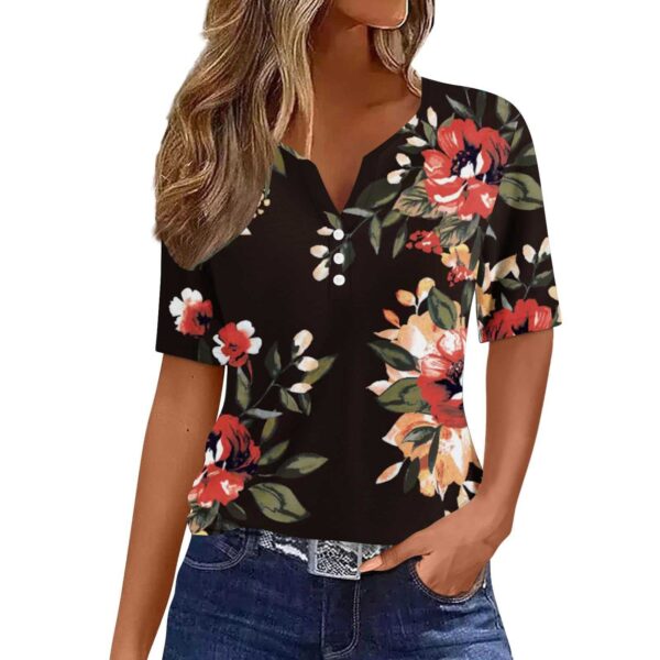 Women's Floral Printed V-neck Short Sleeve Button T-shirt - Image 4