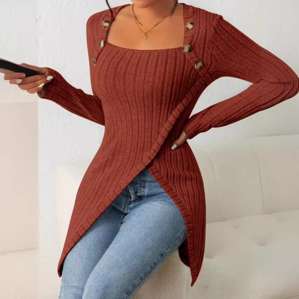 Square Collar Irregular Knitted Top With Button Design Fashion Solid Long-sleeved Long Top For Women Clothing - Image 6