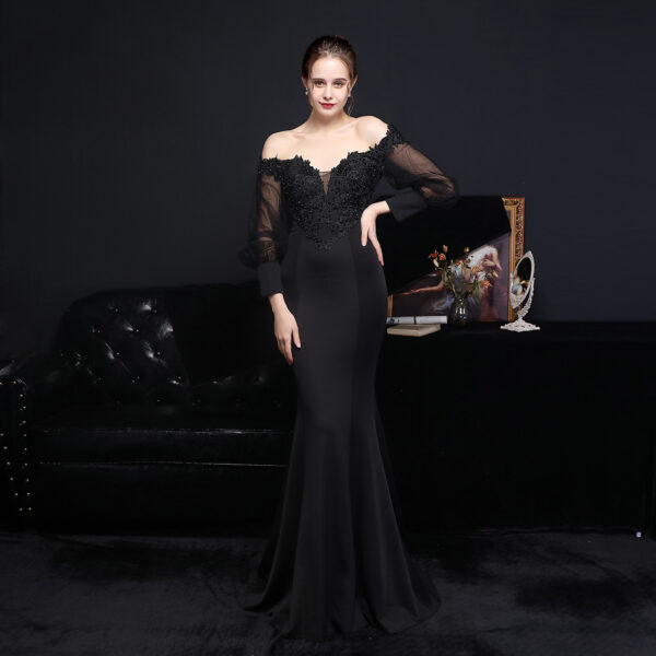 Full Craft Lace Hot Long-sleeved Evening Dress Tail Skirt - Image 4