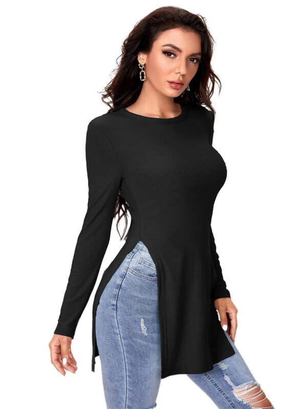 Women's Fashion Casual Long Sleeve Round Neck Ribbed Knit T-Shirt - Image 3