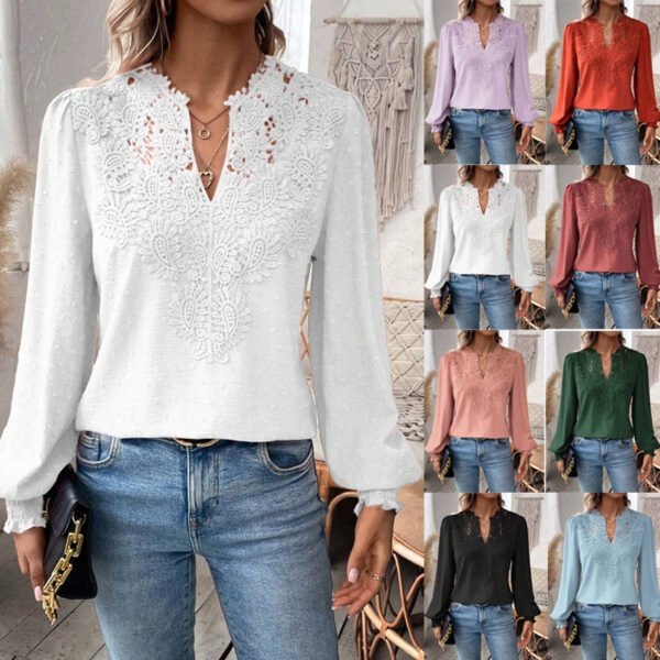 Lace Solid Color Long Sleeve Casual Women's Top