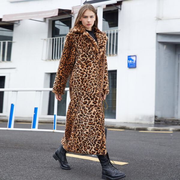 Faux Fur Leopard Print Rabbit Fur Super Long Suit Collar Fur Coat - Image 2