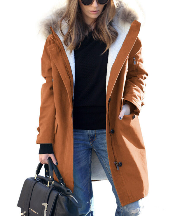 Women's Loose Extended Fur Collar Hooded Overcoat - Image 5