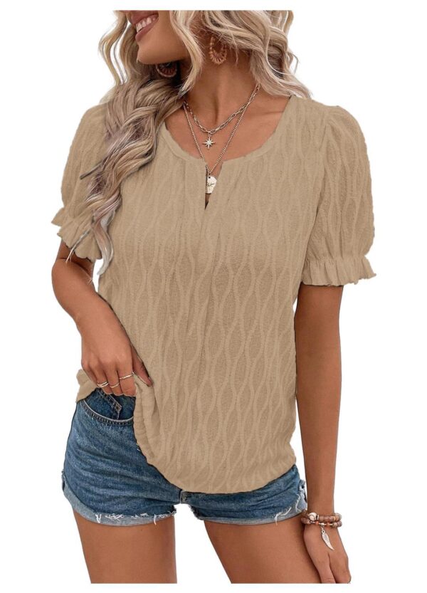 V-neck T-shirt Puff Sleeve Jacquard Women's Clothing - Image 4