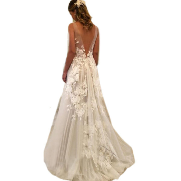 Double-shoulder Deep V-neck Slim-fit Lace Wrapped Shoulder Tail Wedding Dress - Image 3