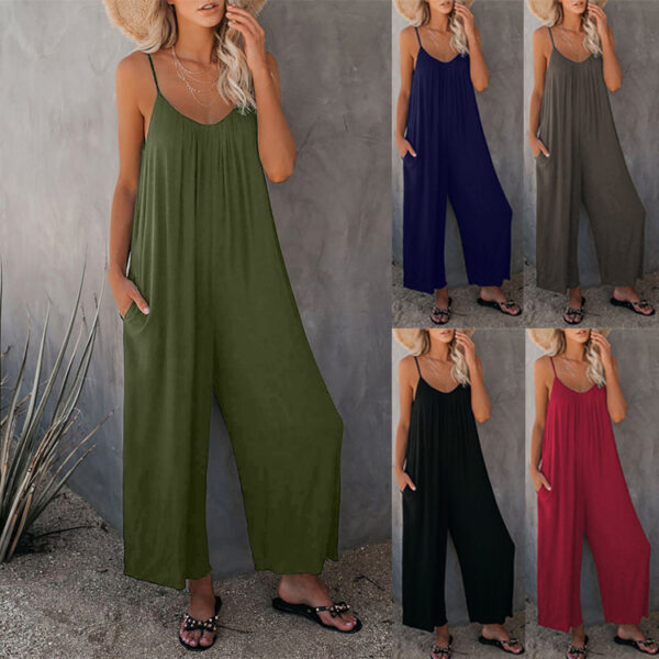 Women's Fashion Solid Color Pocket Loose Casual Sling Jumpsuit