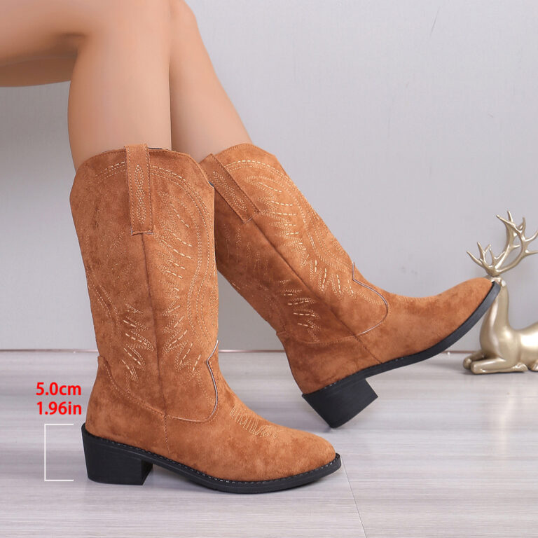 Autumn Embroidery Chunky Heel Below The Knee Pointed Toe Long Boots Women - Image 7