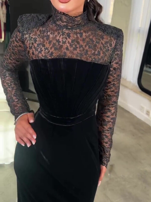 Black Long Sleeve Lace Velvet Bodycon Dress Two Piece Set - Image 3