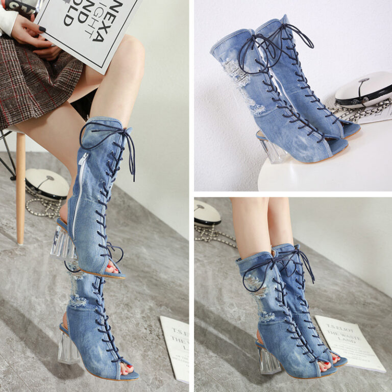 Thick-heeled Denim Mid-tube Boots High-heeled Fish Mouth Strap High-heeled Sandals - Image 5